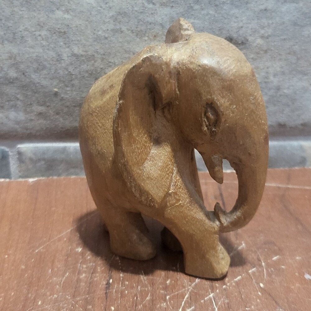 Vintage Small Hand Carved Wooden Elephant Figurine Sculpture